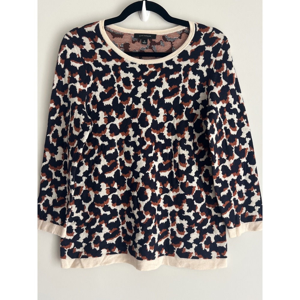 Ann Taylor Women's Leopard Print Wool Blend Sweater Black Brown Cream Medium